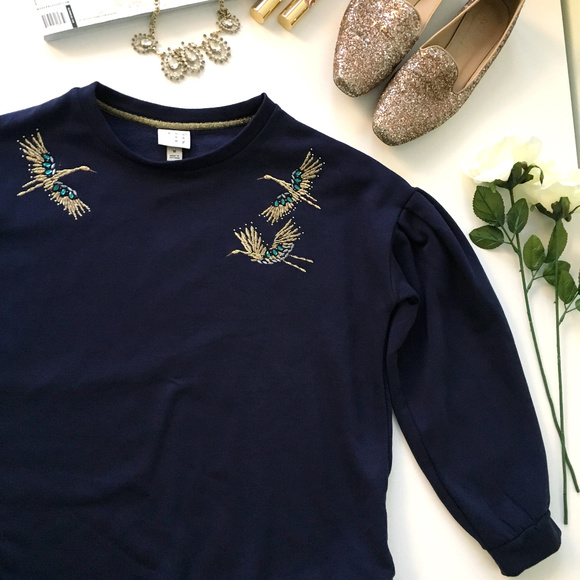 A New Day Tops - Navy Puff Sleeve Embellished Sweatshirt